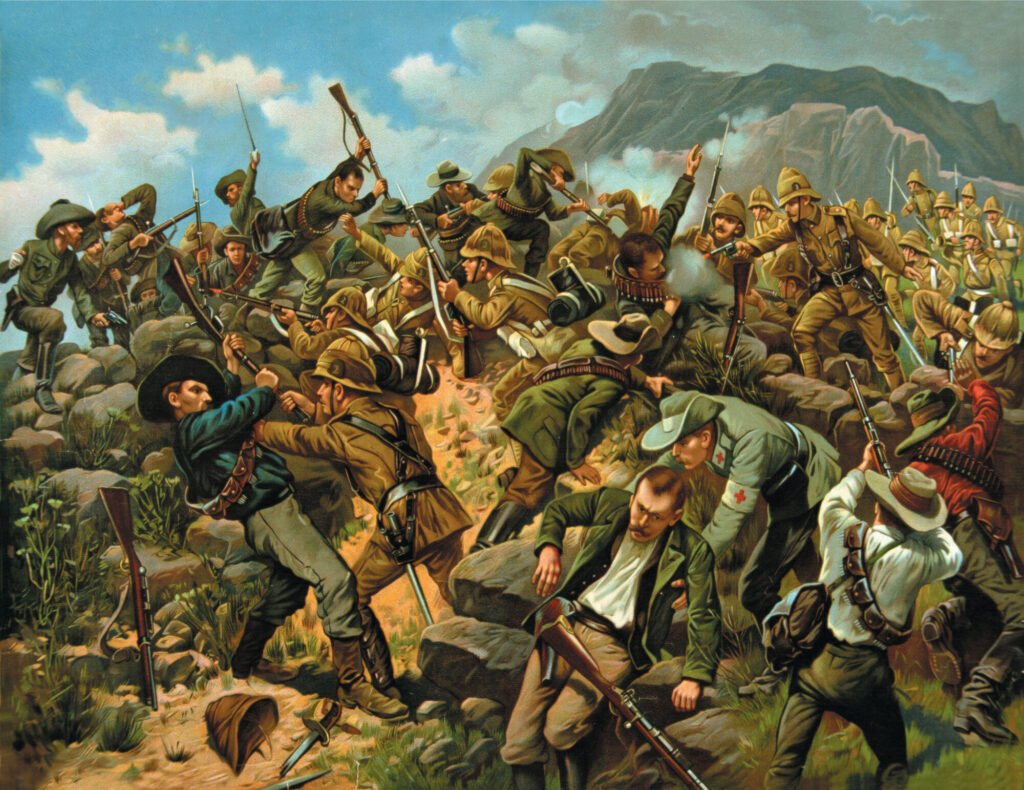 A painted battle scene of British and Boer soldiers fighting at close range on a rocky hillside, with a medic tending a wounded man.