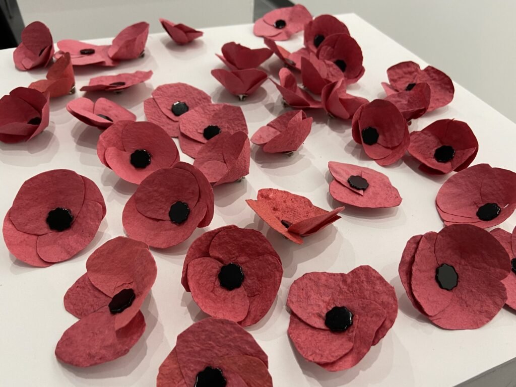 A group of finished red seed paper poppies arranged on a table.