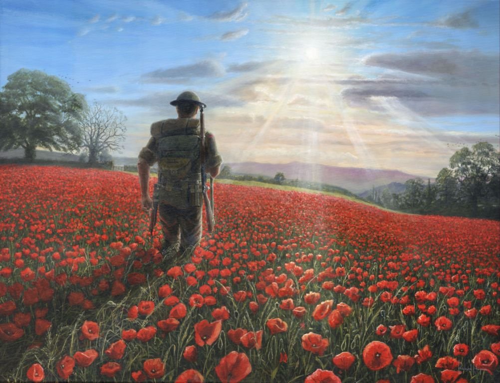 A painting of a soldier standing with his back to the viewer in a field of red poppies, looking toward the sun on the horizon.
