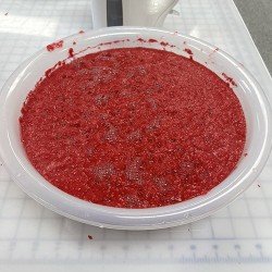 Red paper pulp mixed with poppy seeds in a white bowl.
